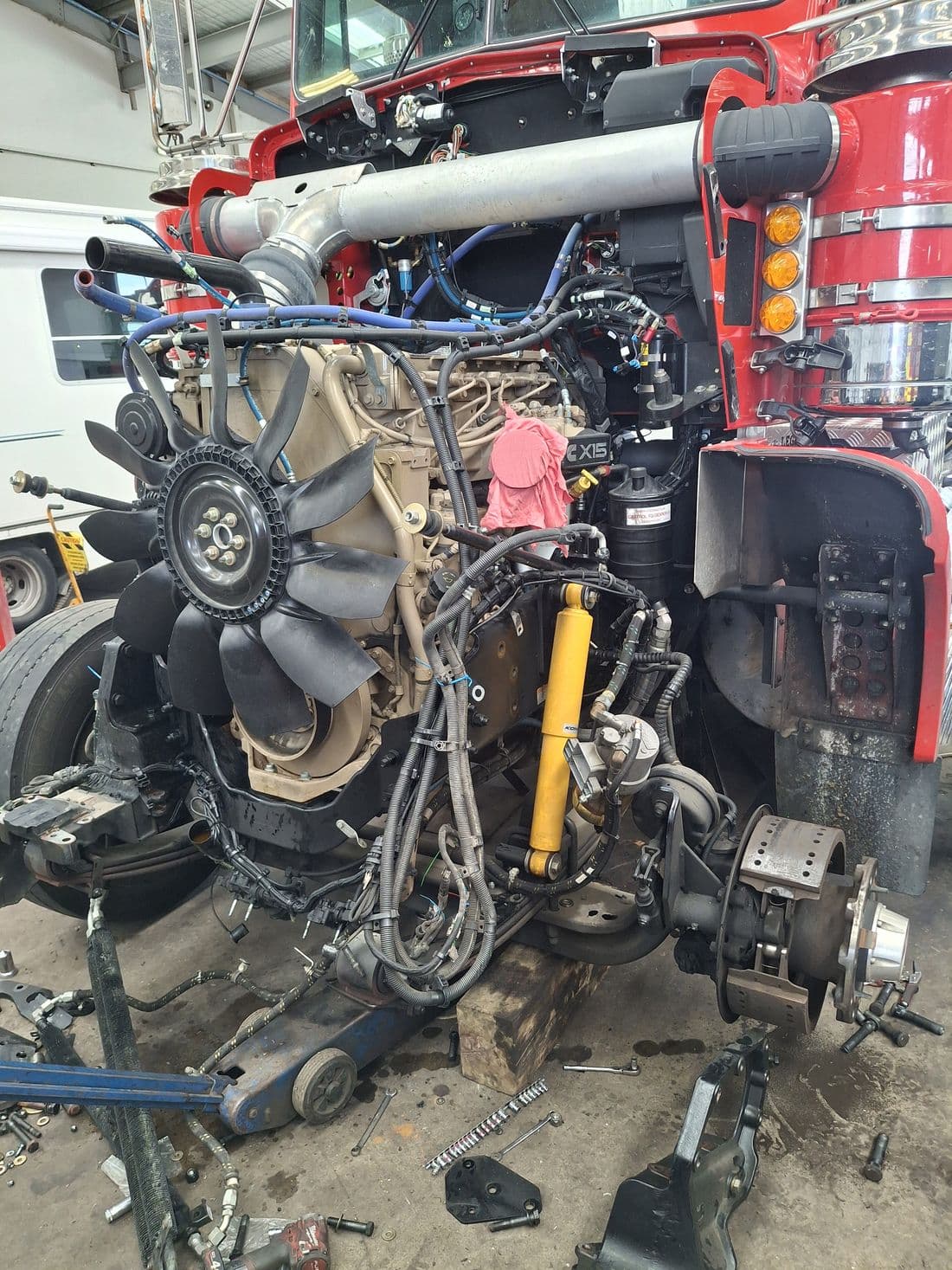 Heavy diesel engine repair in progress at Emmetts Truck Services, Whanganui